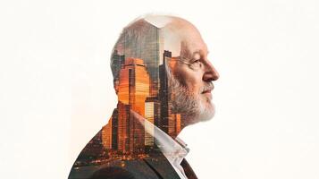 Senior man profile superimposed with cityscape, symbolizing experience and vision for the future of urban development. photo
