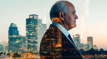 Thoughtful senior executive with a modern cityscape backdrop, symbolizing experience and vision in business leadership and urban development. photo