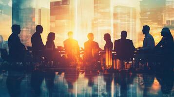 Silhouetted business professionals convene for a meeting with cityscape backdrop, symbolizing success, unity, and innovation. photo