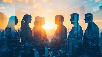 Silhouette of business team facing forward against cityscape during sunset with modern architecture. Communication concept. photo