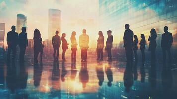 Silhouetted figures of a diverse group of people stand together against the backdrop of a bright skyline, symbolizing collaboration. photo