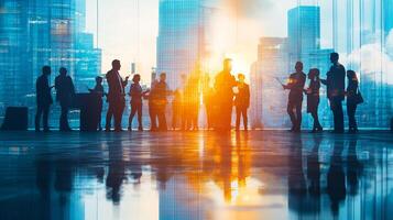 Silhouetted professionals in a modern office against a cityscape backdrop, reflecting ambition and collaboration in a dynamic environment. photo