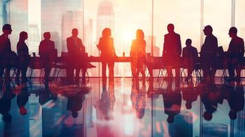 Silhouette of business team in front of a skyscraper backdrop during a meeting, discussing strategies and the future of the company. photo