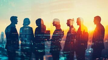 Silhouetted figures in suits stand against an urban backdrop at sunset, symbolizing corporate teamwork, unity, and a forward-looking vision. photo