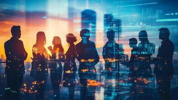 Silhouetted professionals against a cityscape collaborate, representing teamwork and strategic thinking in a dynamic environment. photo
