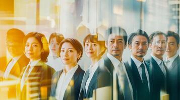 Diverse team stands united, symbolizing strength, vision, and determination. Collaboration and shared success in a business setting. photo