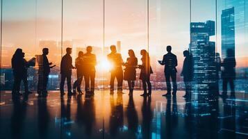 Silhouetted professionals stand against a vibrant cityscape, symbolizing collaboration and vision in the heart of a dynamic business environment. photo