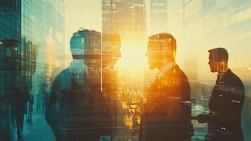 Cityscape business meeting, illuminated by the setting sun. Deals, finance, and networking in an urban setting for career professionals. photo