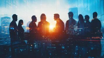 Business team silhouettes in a modern city, a powerful image symbolizing collaboration, growth, and shared vision. A look at the future. photo
