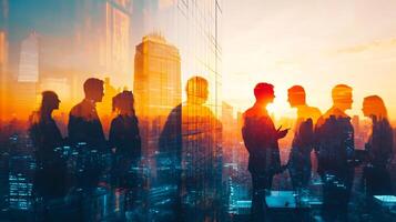 Silhouetted business professionals engage in a conversation against a vibrant cityscape backdrop, symbolizing collaboration and urban progress. photo