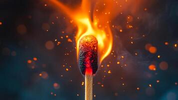 Ignited matchstick blazing with fierce intensity against blurred backdrop, showcasing brief yet powerful moment of combustion. Intensely symbolic. photo
