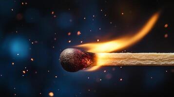 Close-up of a lit matchstick against a dark, bokeh-filled background with sparks, showcasing fire and ignition in a minimalist composition. photo