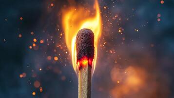 Close-up of a lit matchstick igniting with a vibrant flame and golden sparks against a dark background, showcasing the start of fire. photo