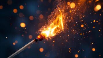 A close-up of a wooden stick engulfed in flame with embers floating against dark backdrop of blurred bokeh lights, energy and ignition concept photo