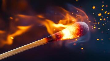 A close-up of a matchstick head engulfed in flames, radiating heat and light against a dark backdrop with sparks flying all around it. photo