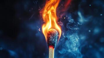 Burning matchstick with vibrant orange flames and billowing blue smoke against a dark background, symbolizing ignition and power. photo