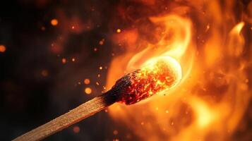 Ignited matchstick head engulfed in vibrant orange flames, surrounded by smoke and sparks, creating a dramatic fiery display. photo
