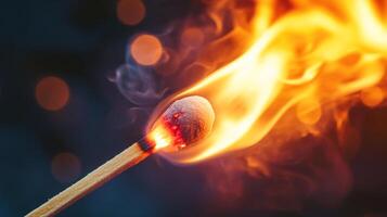 A vibrant, close-up shot capturing the intense flame of a lit matchstick, highlighting its fiery glow against a blurred backdrop. photo