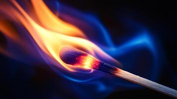 The image showcases a captivating close-up of a lit matchstick, its flame dancing against a dark backdrop, creating a striking contrast. photo