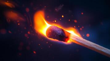 Ignited matchstick with a vibrant orange flame, creating a mesmerizing display against a dark background. photo
