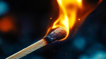 Close-up view of a lit matchstick with a bright yellow flame burning against a dark background. The match glows with heat and light. photo