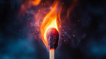 A lit match ignites, showcasing a burst of vibrant orange flame against a soft, blurry background. The texture of the match head is visible. photo