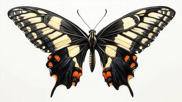 Elegant butterfly with black, tan, and orange markings, wings fully displayed against a white background, illustrating intricate detail. photo