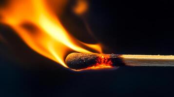 Illuminating matchstick catches fire against a dark background, showcasing flame ignition and the raw power of combustion. photo