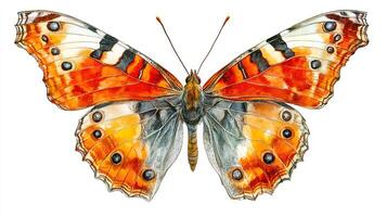 Detailed watercolor painting of a butterfly with orange and white patterned wings. The insect is artistically displayed against white. photo