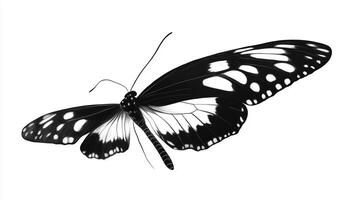 High-contrast butterfly with striking black and white patterns on its wings, gracefully displayed on a clean white backdrop photo