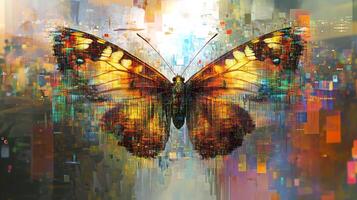 Abstract butterfly art with pixelated elements, colorful wings, digital design. Ethereal insect with a mosaic feel, wings extended. photo