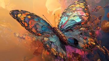 A beautifully painted butterfly is on display, showcasing intricate details and a colorful palette in a unique artistic style, stunning and vibrant. photo