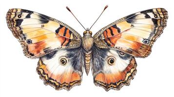 Detailed artistic illustration of butterfly with open wings displaying beautiful colors and patterns on a plain white background. photo