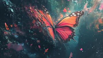 A mesmerizing depiction of a butterfly dissolving into the ethereal fabric of space, wings ablaze with fiery hues and stardust. photo