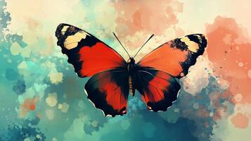 A vibrant butterfly with red and black wings is depicted against a colorful, abstract background, creating a sense of movement and beauty. photo