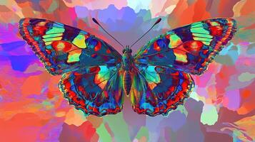 A digitally enhanced butterfly with intricate patterns, bathed in vibrant colors, resting against a background of abstract hues. photo