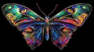 A visually striking butterfly illustration with vibrant, iridescent wings, showcasing intricate details against a stark background. photo