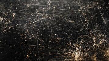 Distressed surface with dark background, white scratches and scrapes creating a weathered and textured appearance. photo
