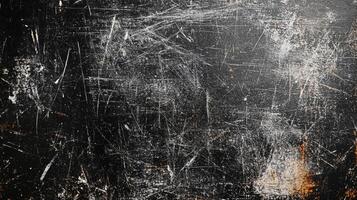 A textured black surface with distressed white scratches creating a dynamic visual. The aging process gives a unique character to the surface. photo