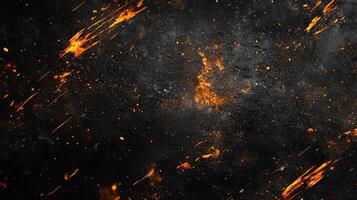 Dark surface texture with fiery specks. The color is a mix of blacks with bright shades of orange and yellow, creating a dynamic contrast. photo