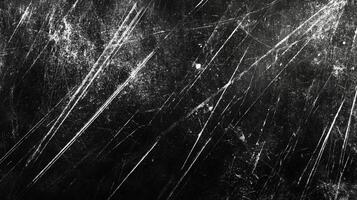 Abstract black surface covered in scratches and white scuffs. Surface damage shows signs of wear, usage, and texture. photo