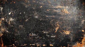 Gritty, textured abstract background featuring a dark, worn surface with splatters and scratches, creating a distressed and aged effect. photo
