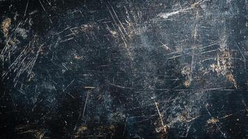 Distressed and scratched black surface with a mix of dark and light tones, showing signs of wear and age, creating a textured and rugged feel. photo