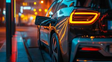 Charging an electric car at night, with glowing tail lights and city lights reflecting off the sleek, dark paint. Sustainable mobility. photo
