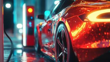 Electric Vehicle at a charging station. A Red car connected to a charger. Car of the future. Sustainable vehicle powering up. photo
