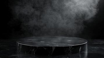 Elegant dark marble pedestal enveloped in ethereal smoke, perfect for showcasing products with a touch of dramatic sophistication. photo