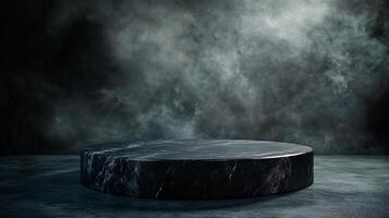 Dramatic marble platform against smoke. Captivating background for product display, highlighting luxury and elegance in moody lighting. photo