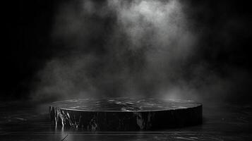 Dramatic marble stage with moody lighting and fog, perfect for showcasing products or artwork in a sophisticated and elegant presentation. photo