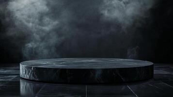 Dark marble platform with moody atmosphere. Ideal for showcasing products, adding a touch of luxury and drama to your visual content. photo