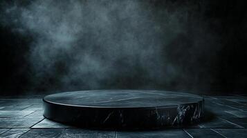 Elegant round display platform in dark marble finish, set against a smoky backdrop. Perfect for showcasing luxury products or artistic creations. photo